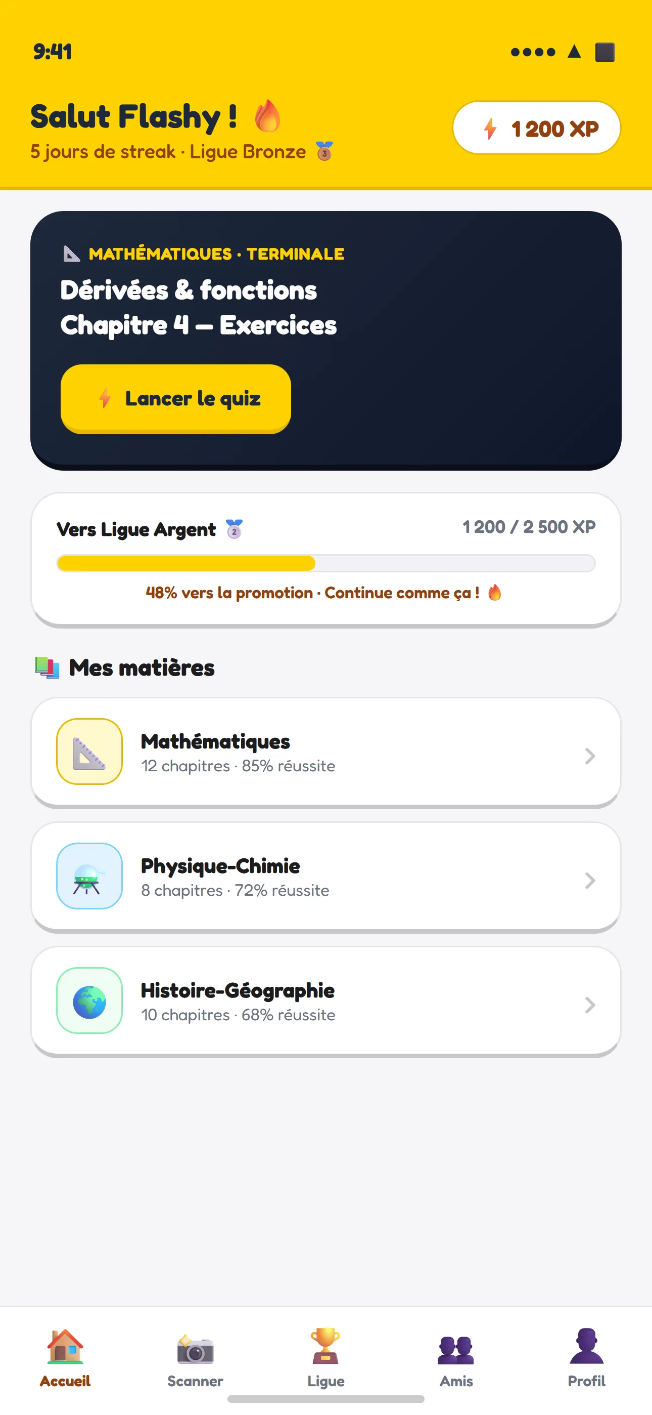 Écran d'accueil de l'app Flashyz : streak, XP et matières