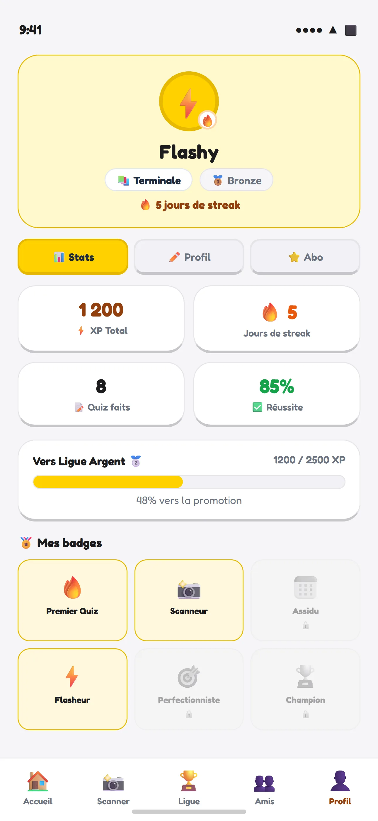 Profil Flashyz : streak, XP et statistiques de progression
